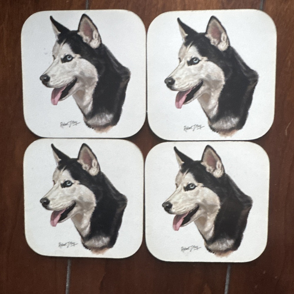 Siberian Husky Coasters Set‎ of 4 Cork Backed 4" Art by Robert J. May VTG 90s